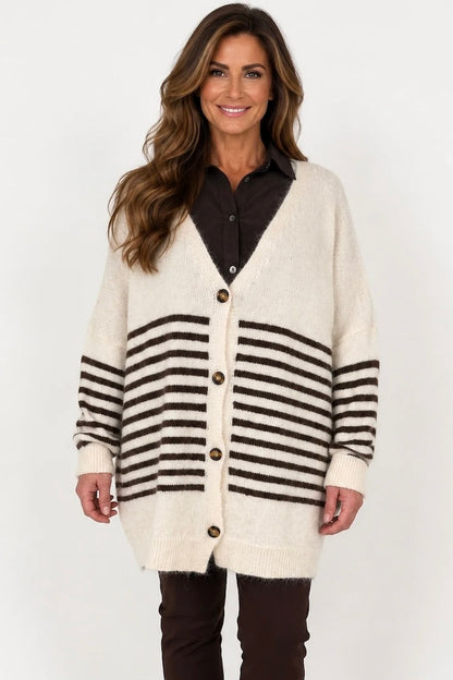 Wool Mix Perla Stripe Button Cardigan - Beige