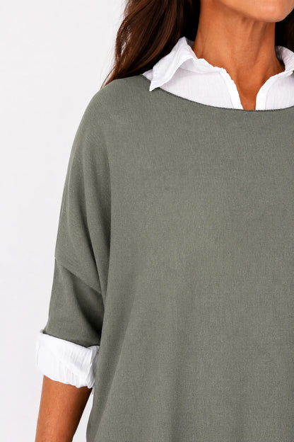 Cotton Fine Knit Two In One Mira Top - Khaki