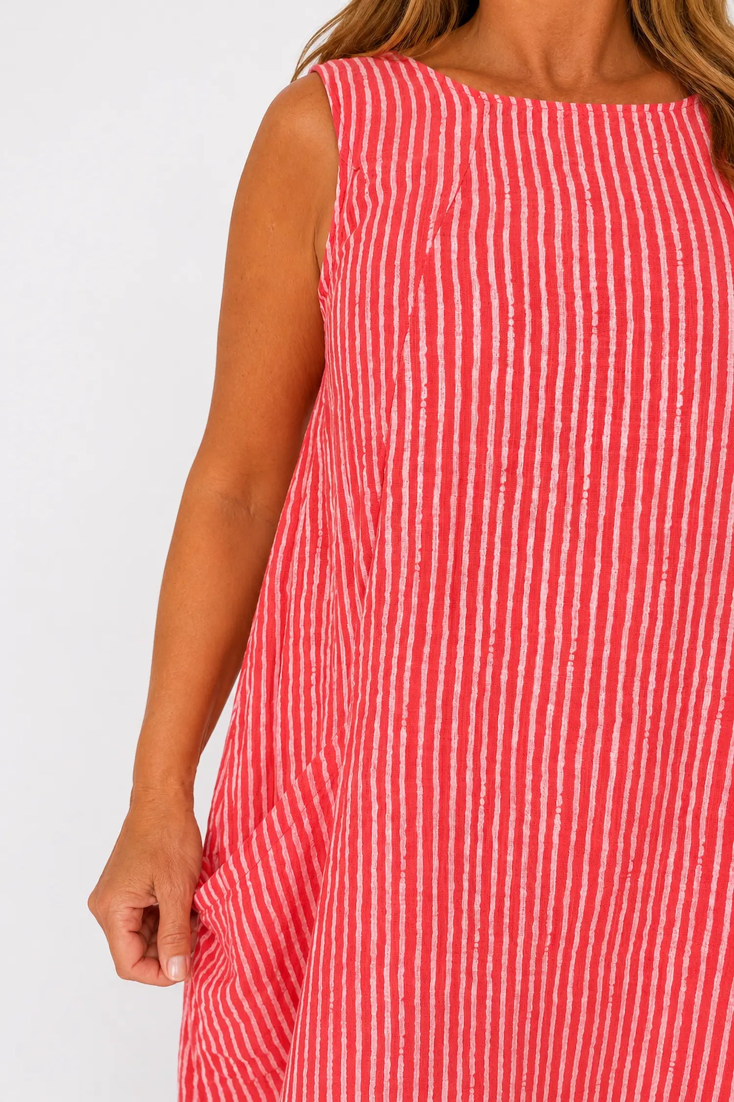 Cotton Double Pocket Pinstripe Elizabeth Dress - Coral