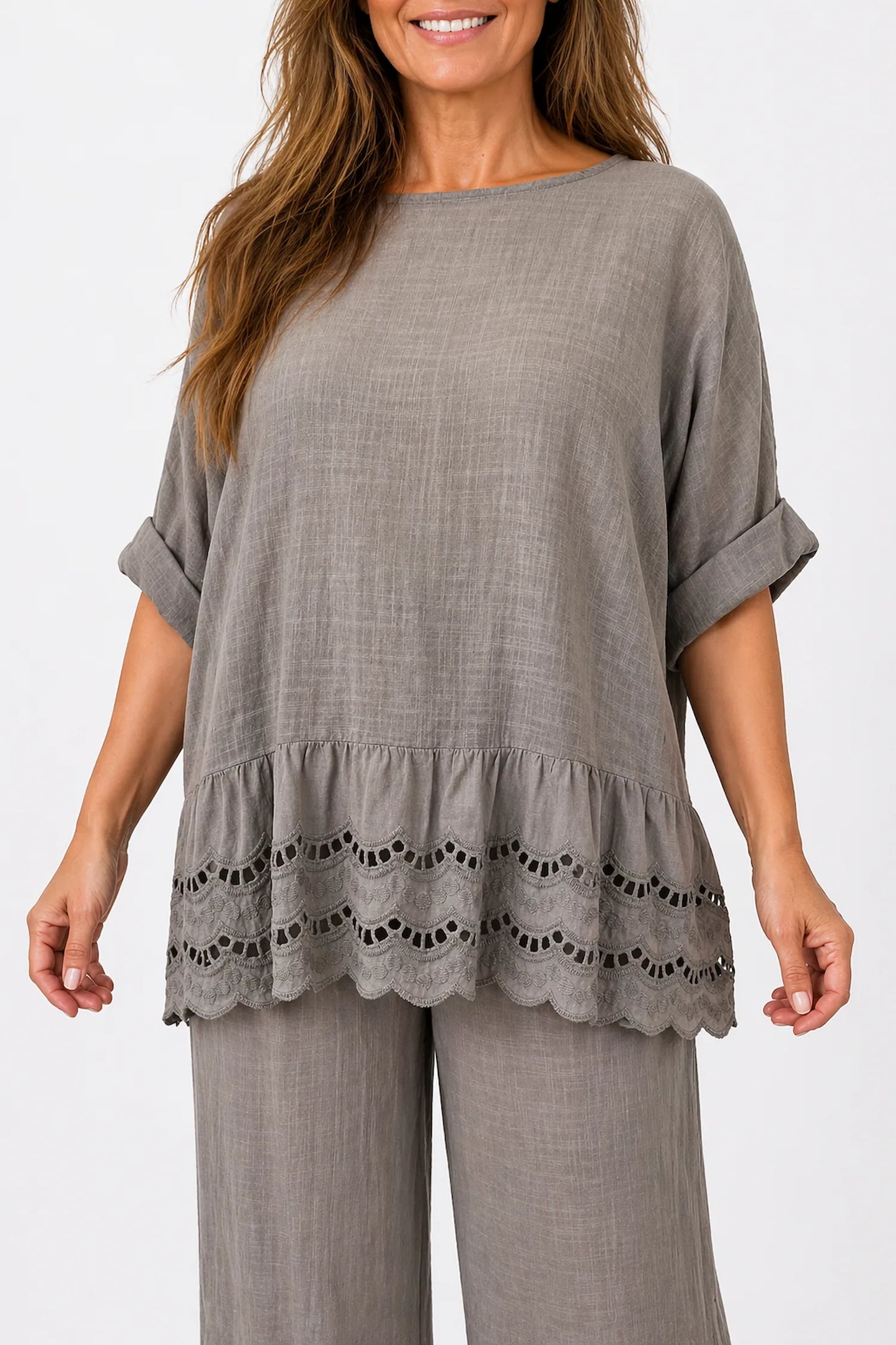 Pure Cotton Embroidery Anglaise Crochet Hem Caprina Top - Mocha