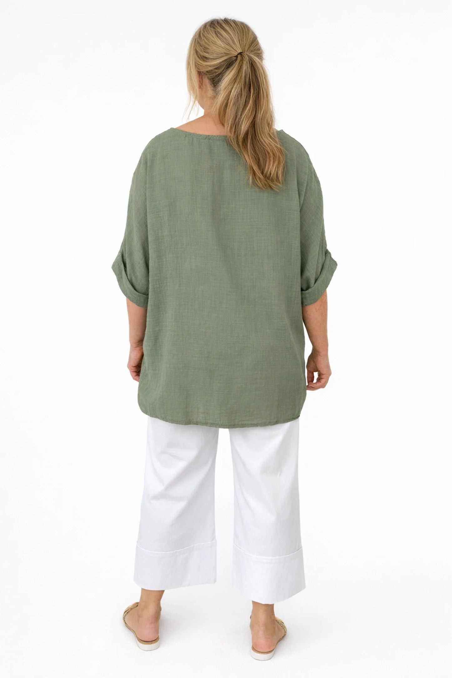 Pure Cotton Linen Look Italia Necklace Top - Khaki