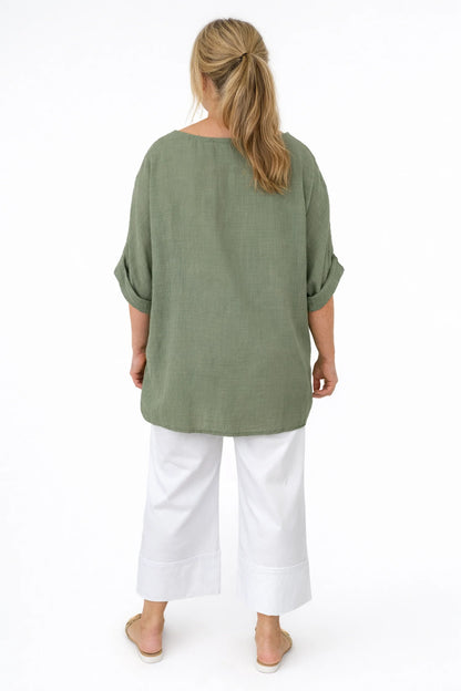 Pure Cotton Linen Look Italia Necklace Top - Khaki