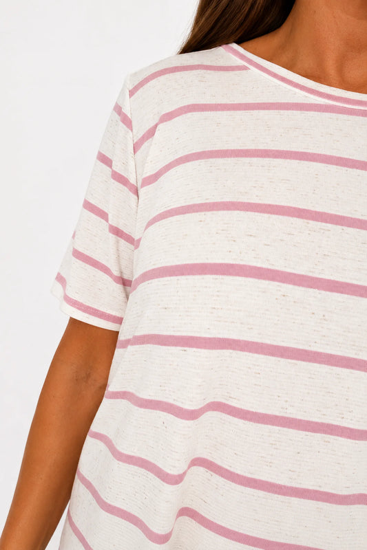 Linen Mix Cindy Stripe Top - Vintage Rose