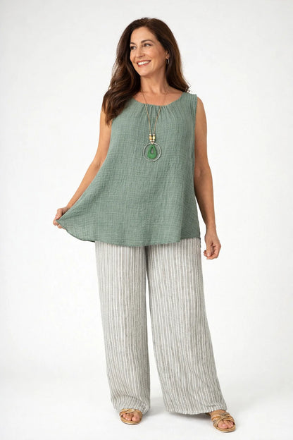 Linen Look Double Pocket Elasticated Waist Stripe Bella Wide Leg Pants - Sun-Washed Sage