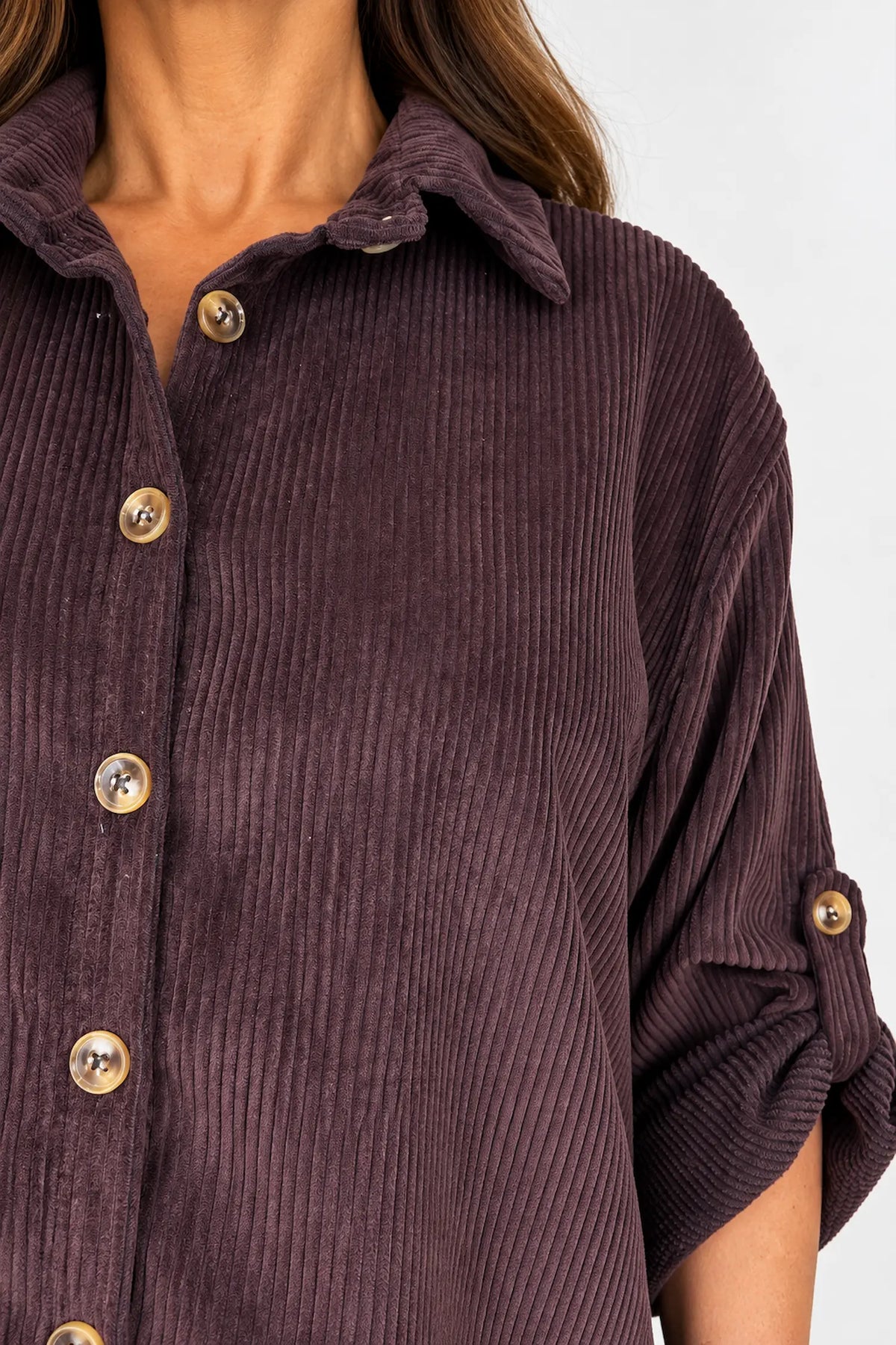 Button Sleeve Sicily Cord Button Shirt - Cherry Brown