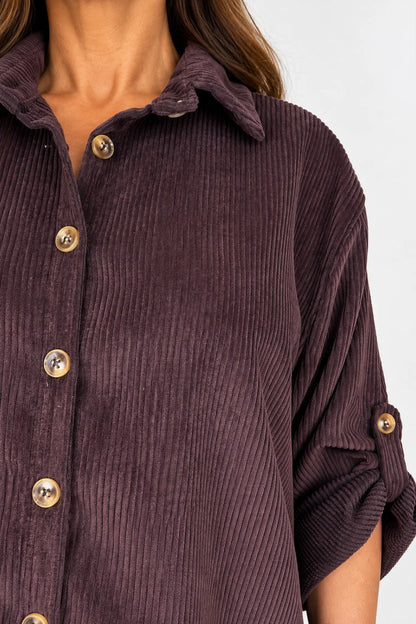 Button Sleeve Sicily Cord Button Shirt - Cherry Brown
