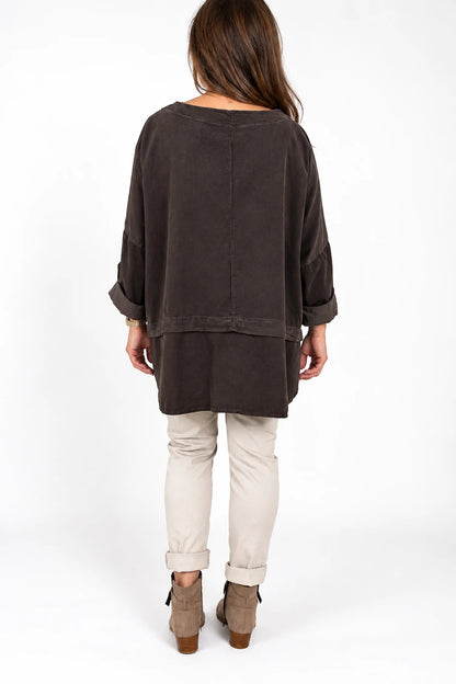 Pure Cotton Needlecord Button Sleeve Button Detail Riviera Top - Chocolate