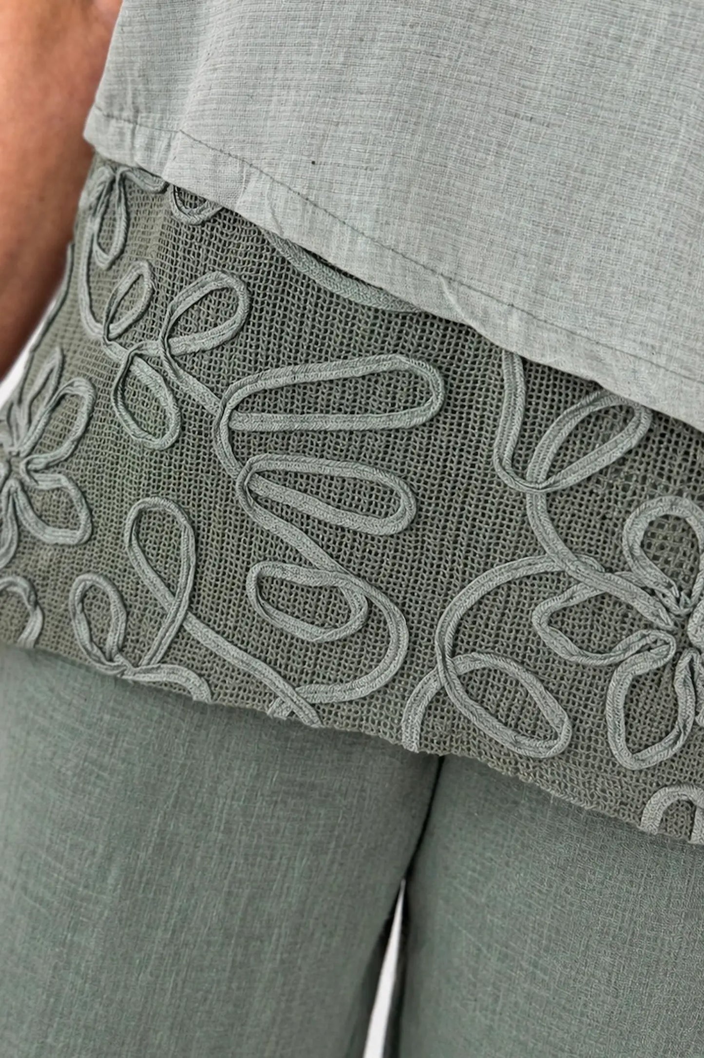 Cotton Linen Mix Embroidered Flower Mesh Hem Solara Top - Khaki
