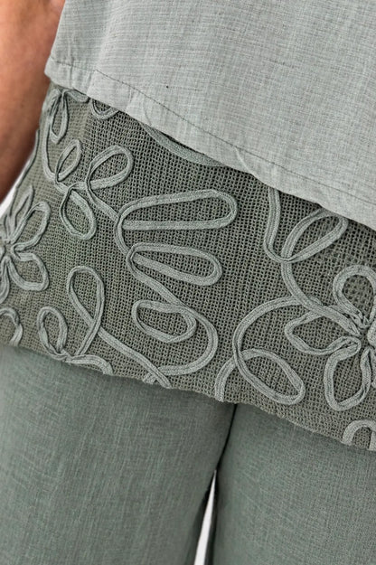 Cotton Linen Mix Embroidered Flower Mesh Hem Solara Top - Khaki