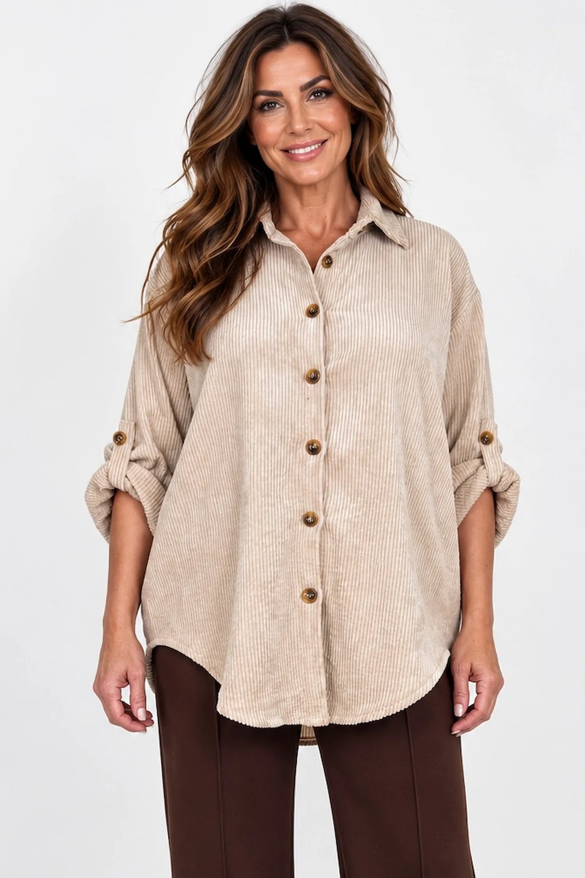 Button Sleeve Sicily Cord Button Shirt - Beige