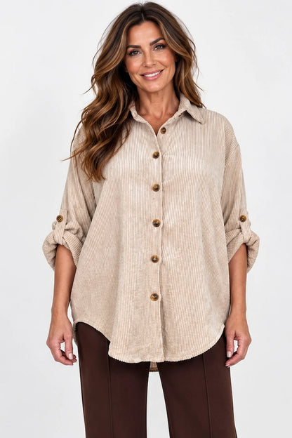 Button Sleeve Sicily Cord Button Shirt - Beige