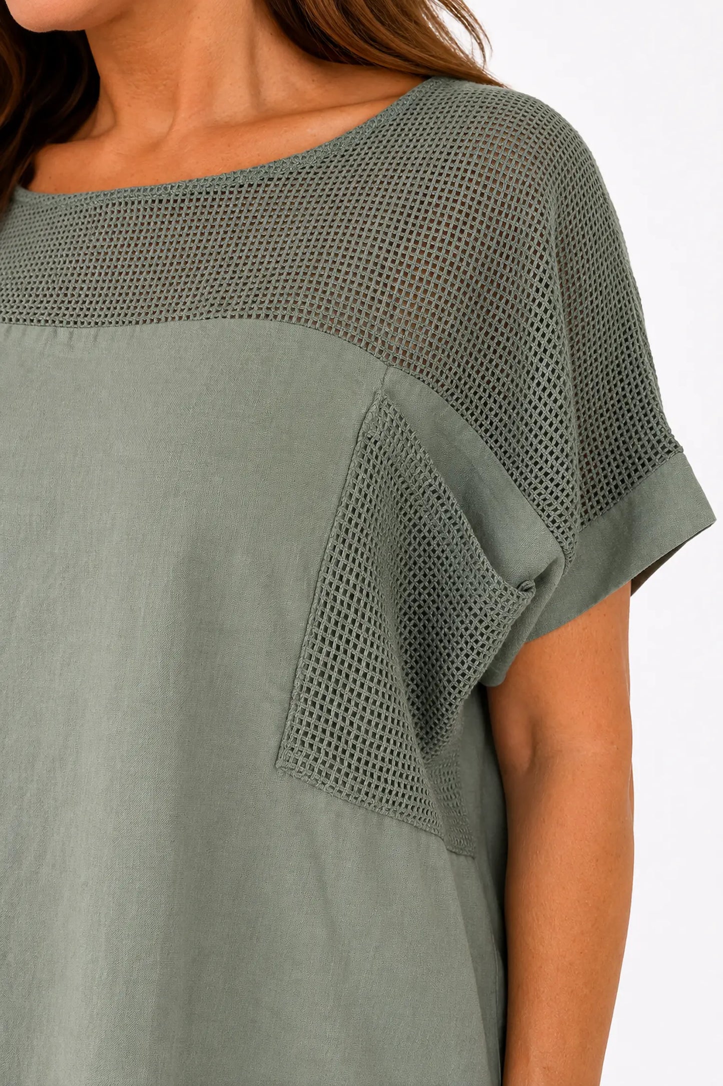 Linen Cotton Mix Mesh Detail Amalfi Pocket Top - Khaki