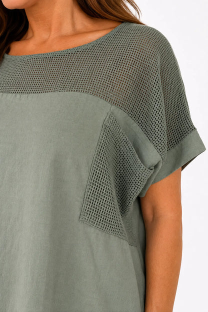 Linen Cotton Mix Mesh Detail Amalfi Pocket Top - Khaki
