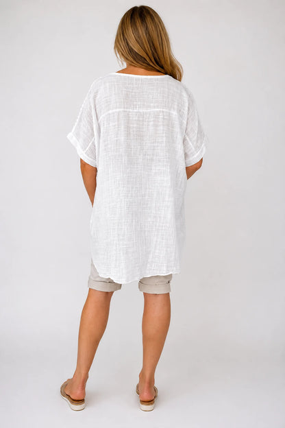 Pure Cotton Embroidered Crochet Sleeve Amira Top - White