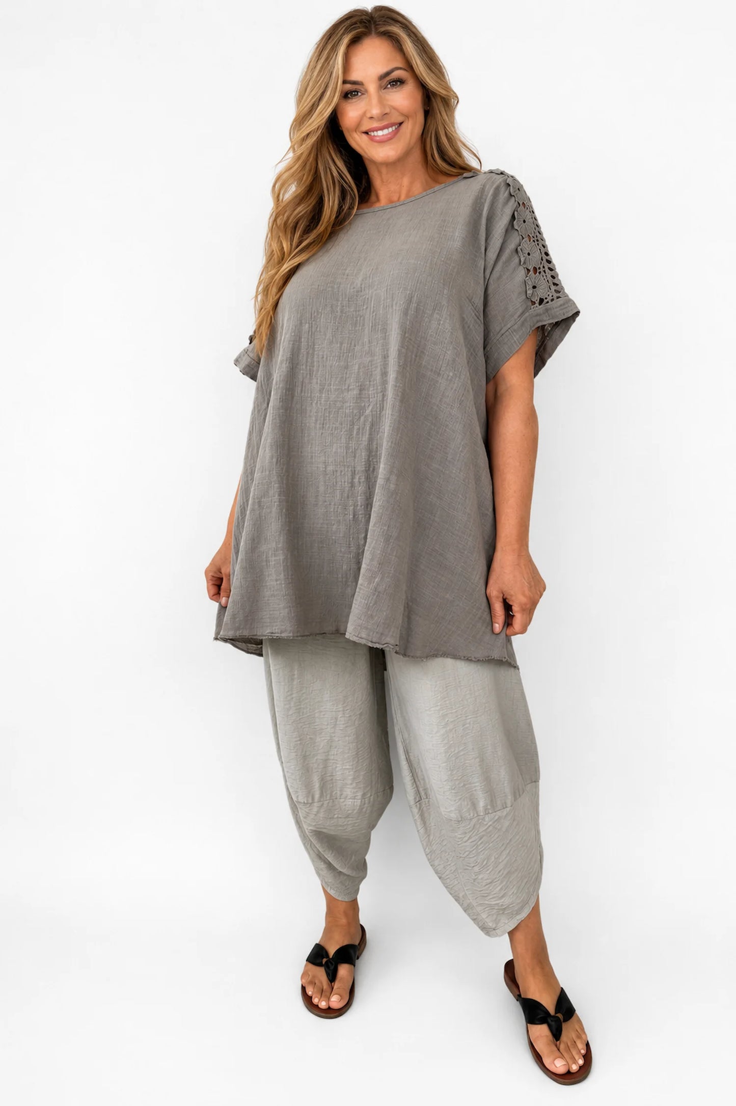 Pure Cotton Embroidered Crochet Sleeve Amira Top - Mocha