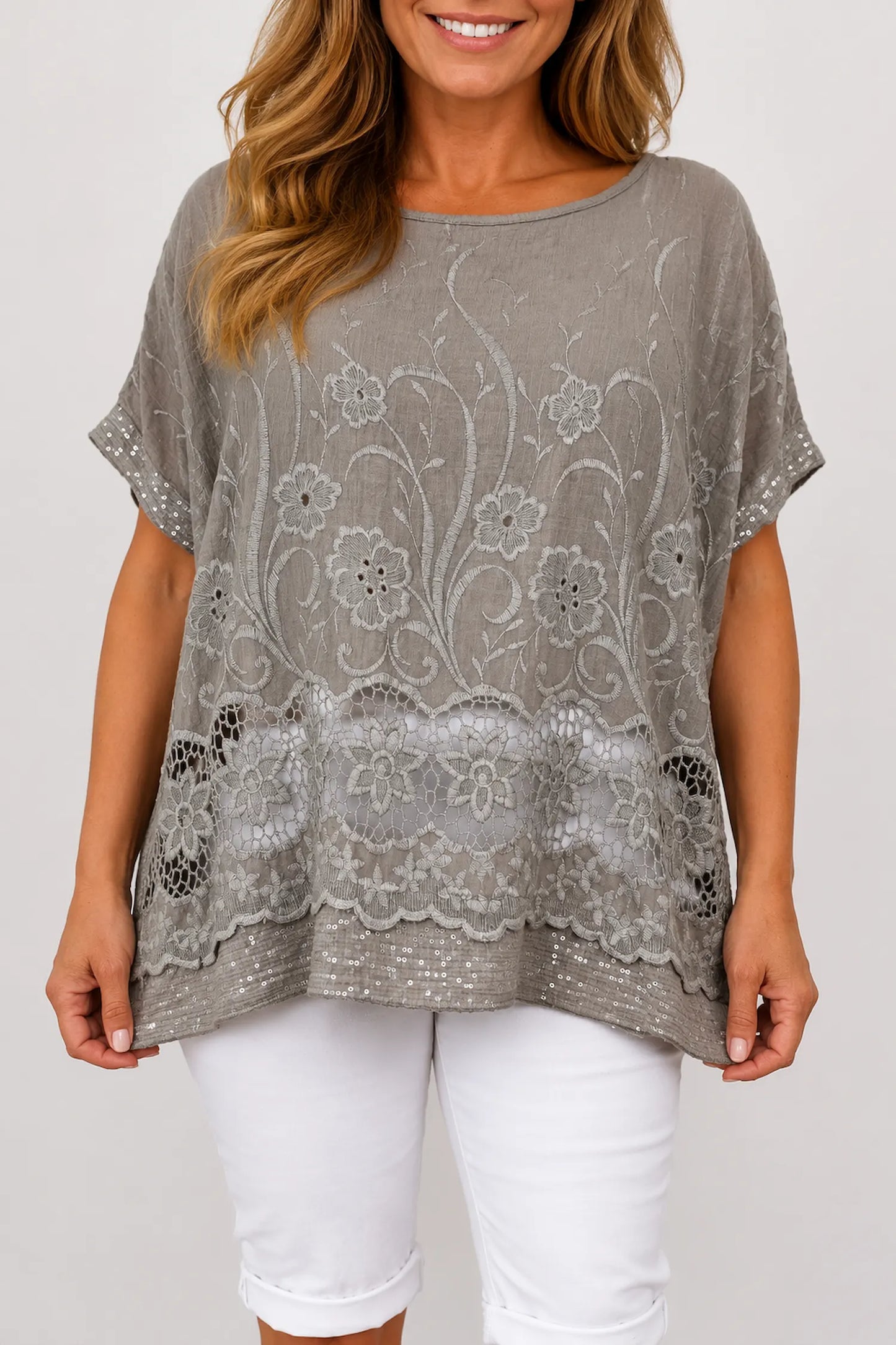 Cotton Crochet Detail Embroidery Anglaise Sequin Hem/Sleeve Selina Top - Mocha