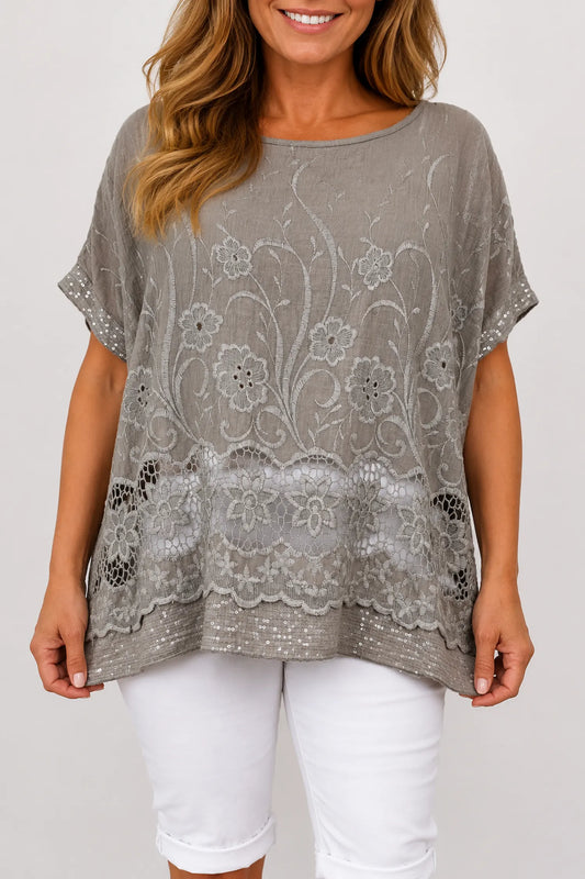 Cotton Crochet Detail Embroidery Anglaise Sequin Hem/Sleeve Selina Top - Mocha