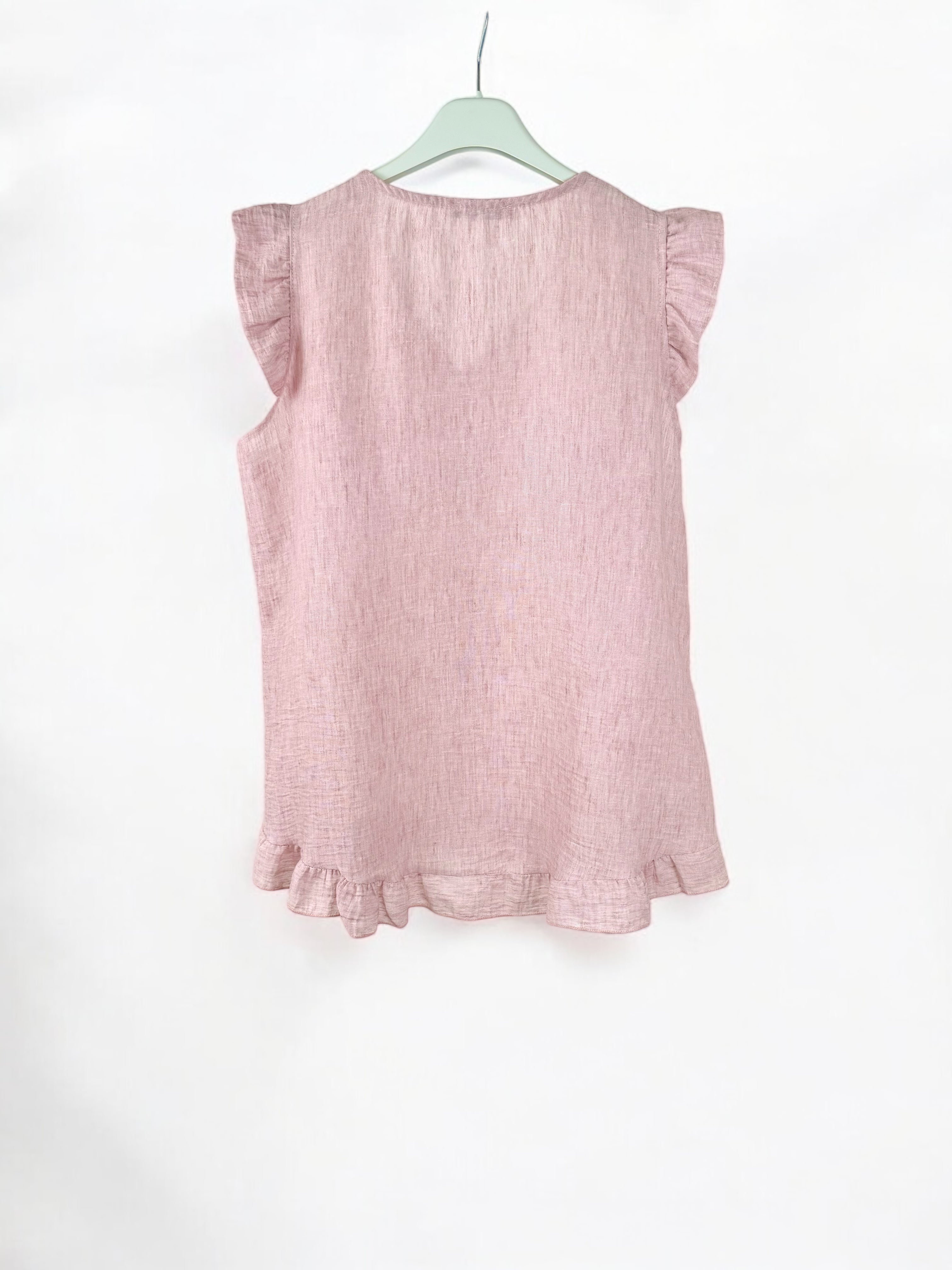 Linen Mix Button Detail Fissila Frill Sleeve Top - Baby Pink