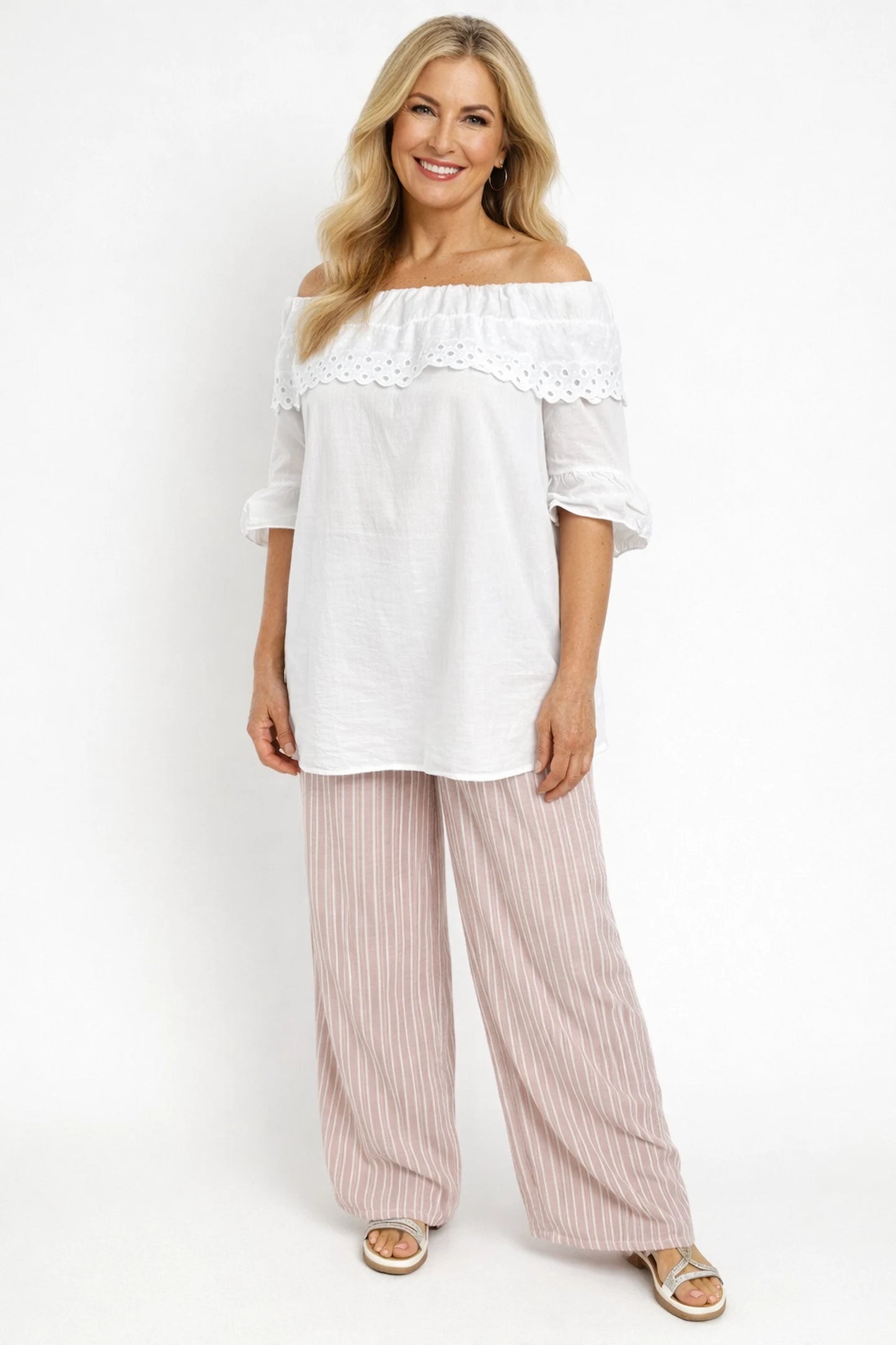 Pure Cotton Frill Sleeve Elasticated Neck Embroidery Anglaise Lumière Bardot Top - White