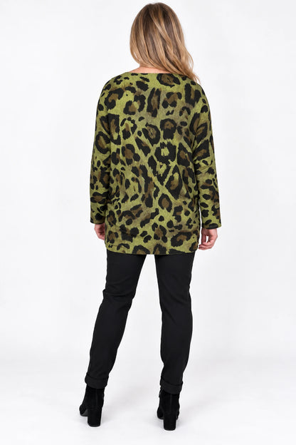 Fine Knit Carly Leopard Top - Lime