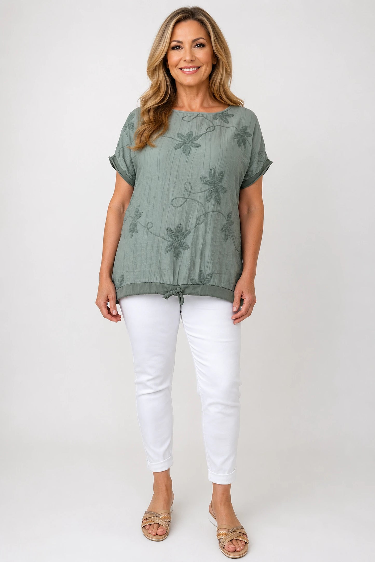 Cotton Drawstring Hem Embroidered Floral Marella Top - Khaki