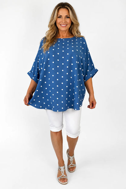 Polka Dot Lightweight Flow Paris Top - Denim