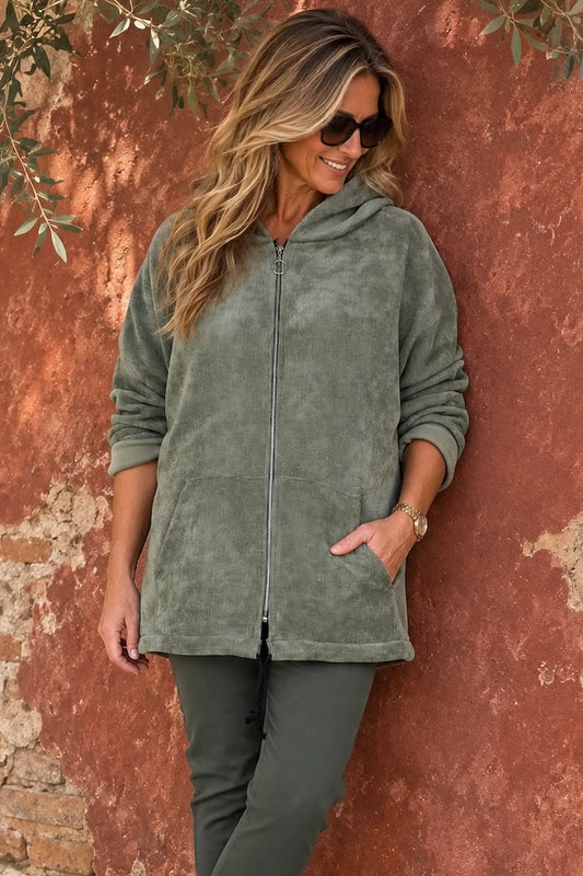Double Pocket Chenille Zipped Cassie Hoodie - Sage