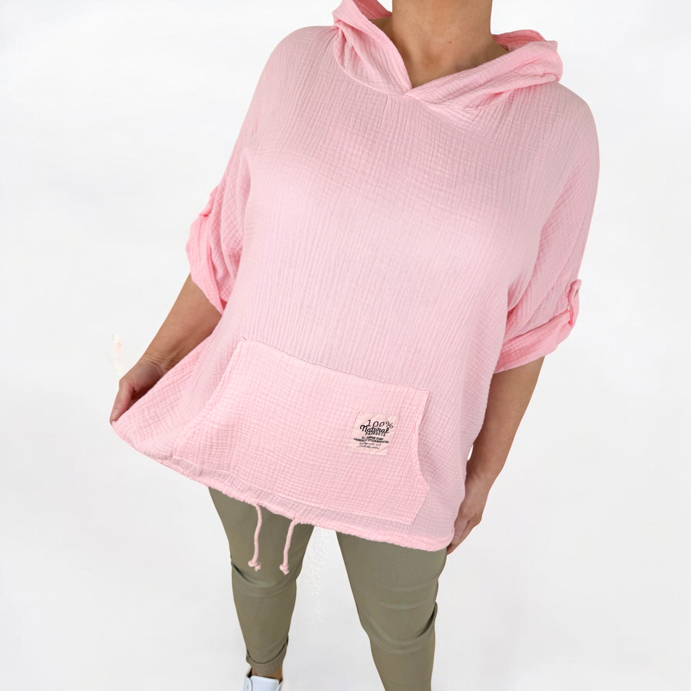 Badge Detail Button Sleeve Bubble Cotton Mara Pocket Hoodie - Baby Pink