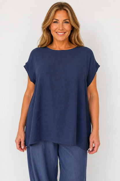 Sara Lightweight Flow Cap Sleeve Top - Navy