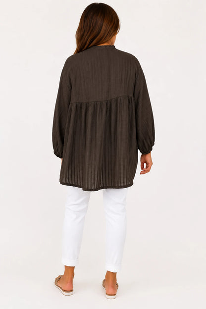 Pure Cotton Elasticated Sleeve Venice Button Shirt - Chocolate