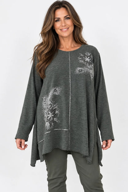 Wool Mix Diamanté Silver Stitch Ciana Top - Khaki