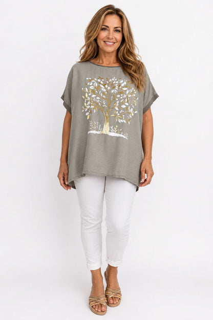 Linen Cotton Mix Diamanté Golden Leaf Carletta Top - Mocha