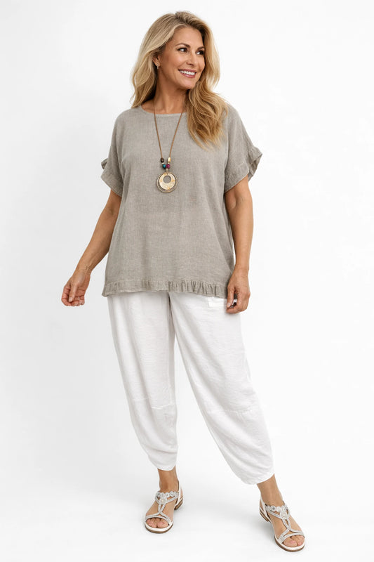 Linen Cotton Mix Frill Sleeve And Hem Iris Necklace Top - Washed Mocha