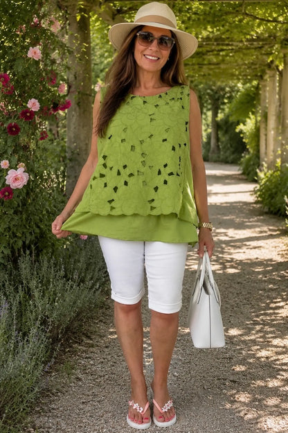 Pure Cotton Fully Lined Embroidery Anglaise Missi Vest - Apple