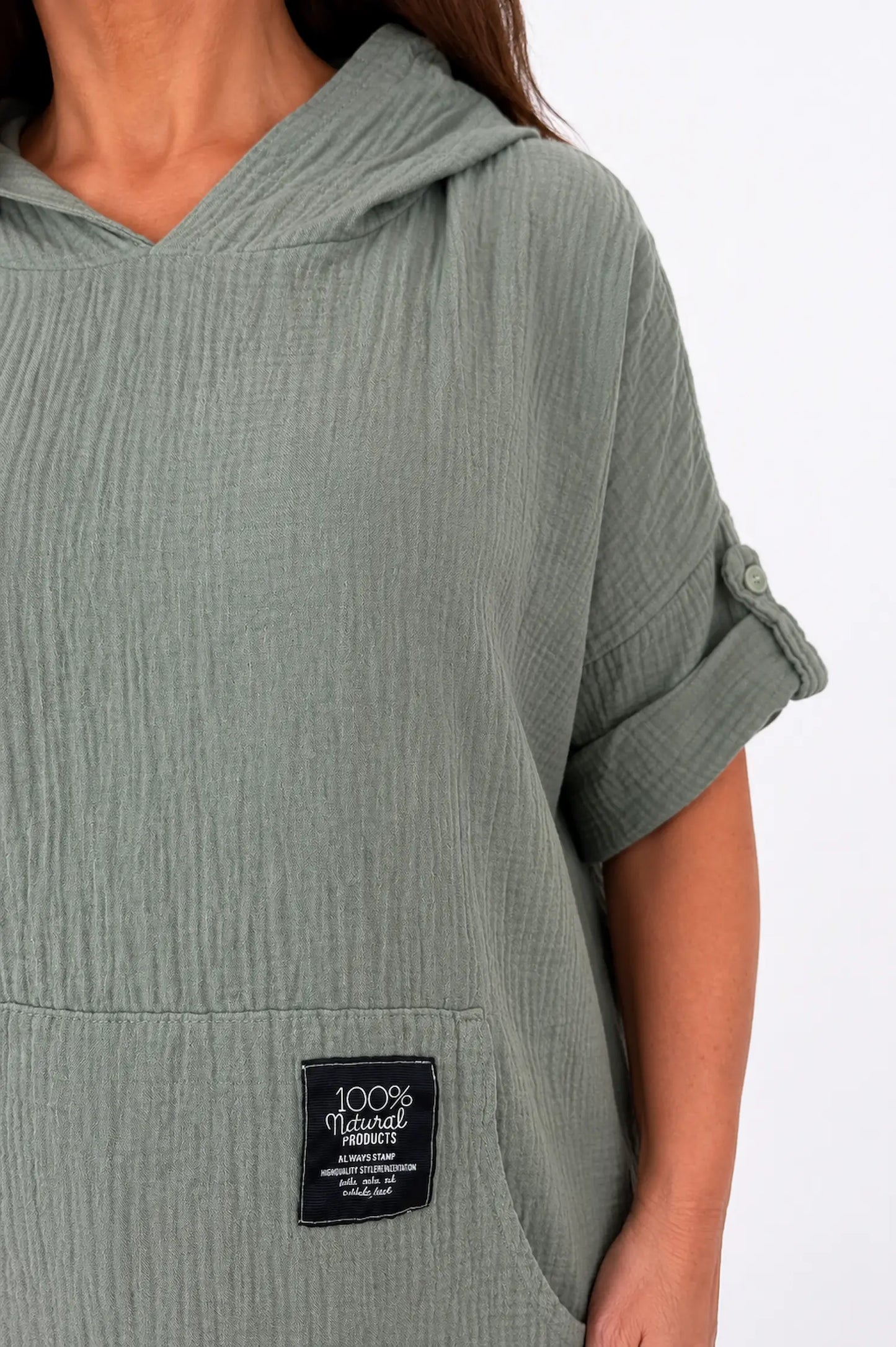 Pure Bubble Cotton Button Sleeve Badge Detail Pocketed Zara Hoodie - Khaki