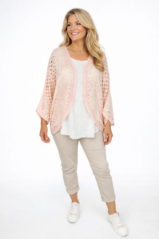 Pure Cotton Paola Button Crochet Cardigan - Baby Pink