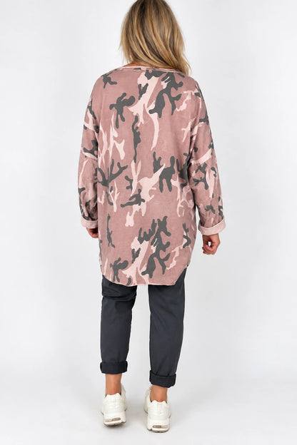 Cotton Raw Edge Hem Catia Camo Necklace Top - Vintage Rose