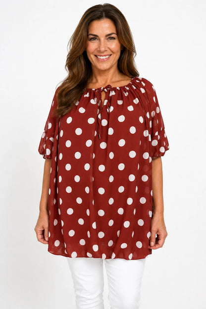 Tied Detail Fully Lined Polka Dot Elasticated Hem Francis Chiffon Top - Terracotta Red