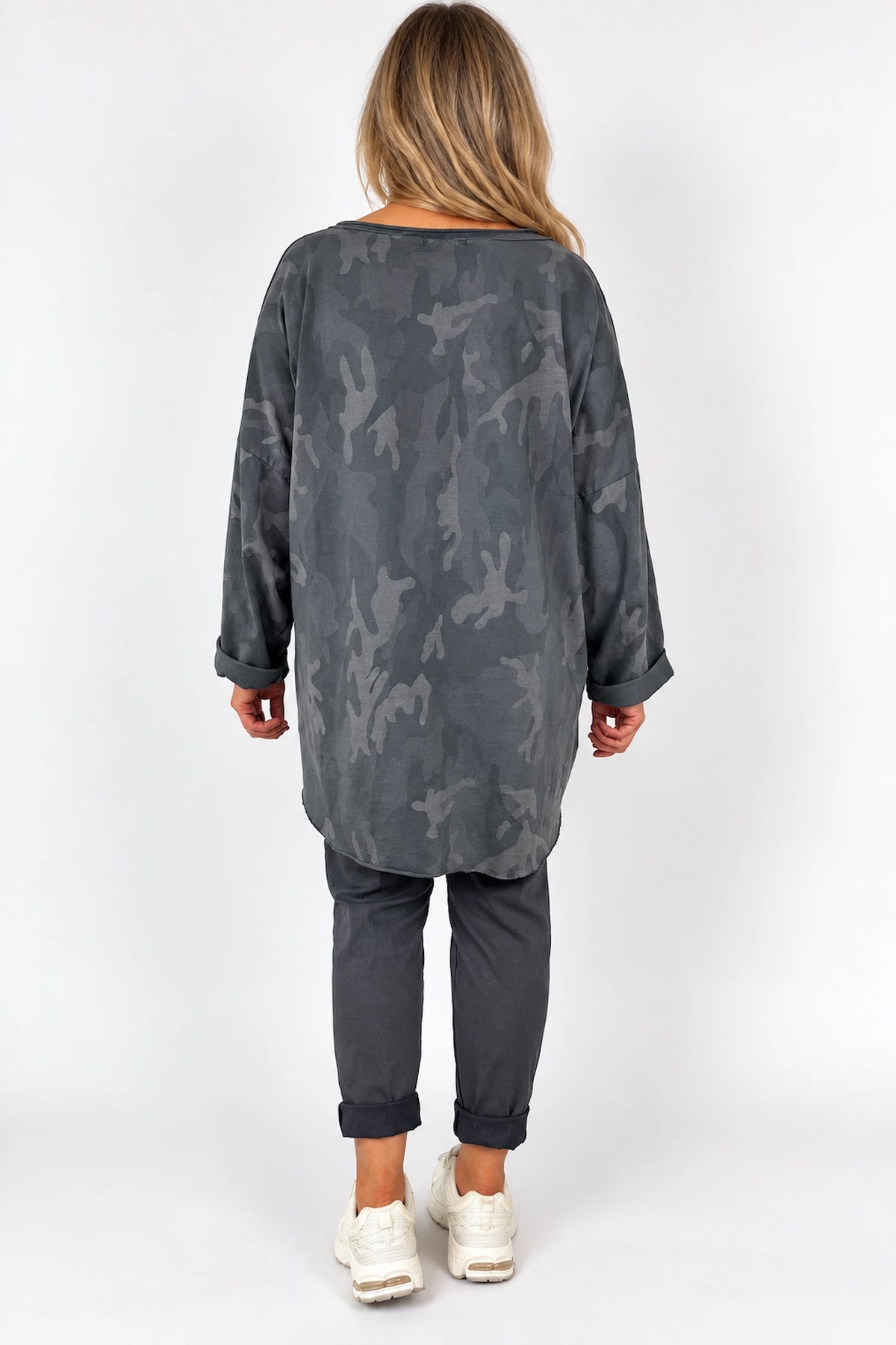 Cotton Raw Edge Hem Catia Camo Necklace Top - Charcoal Grey