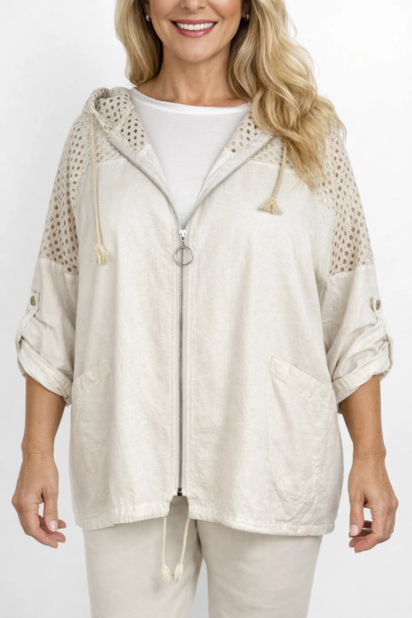 Pure Cotton Linen Look Mesh Detail Button Sleeve Double Pocket Rosalie Zipped Hoodie - Beige