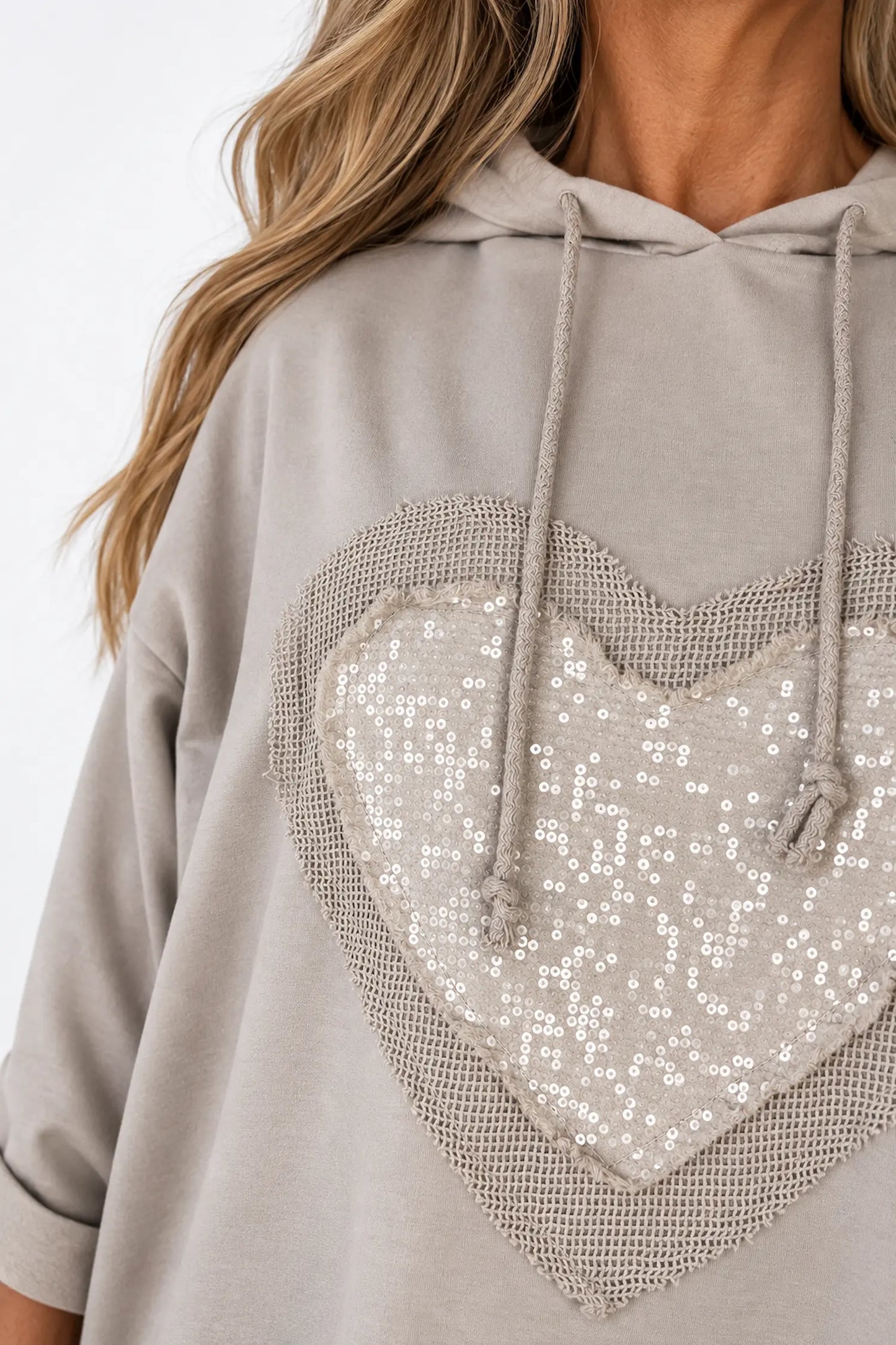 Cotton Sequin Heart Veronica Hoodie - Beige