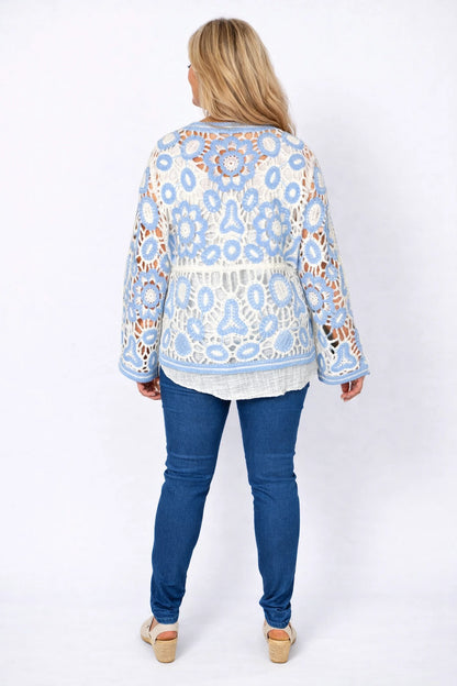 Cotton Angela Crochet Button Cardigan - Baby Blue