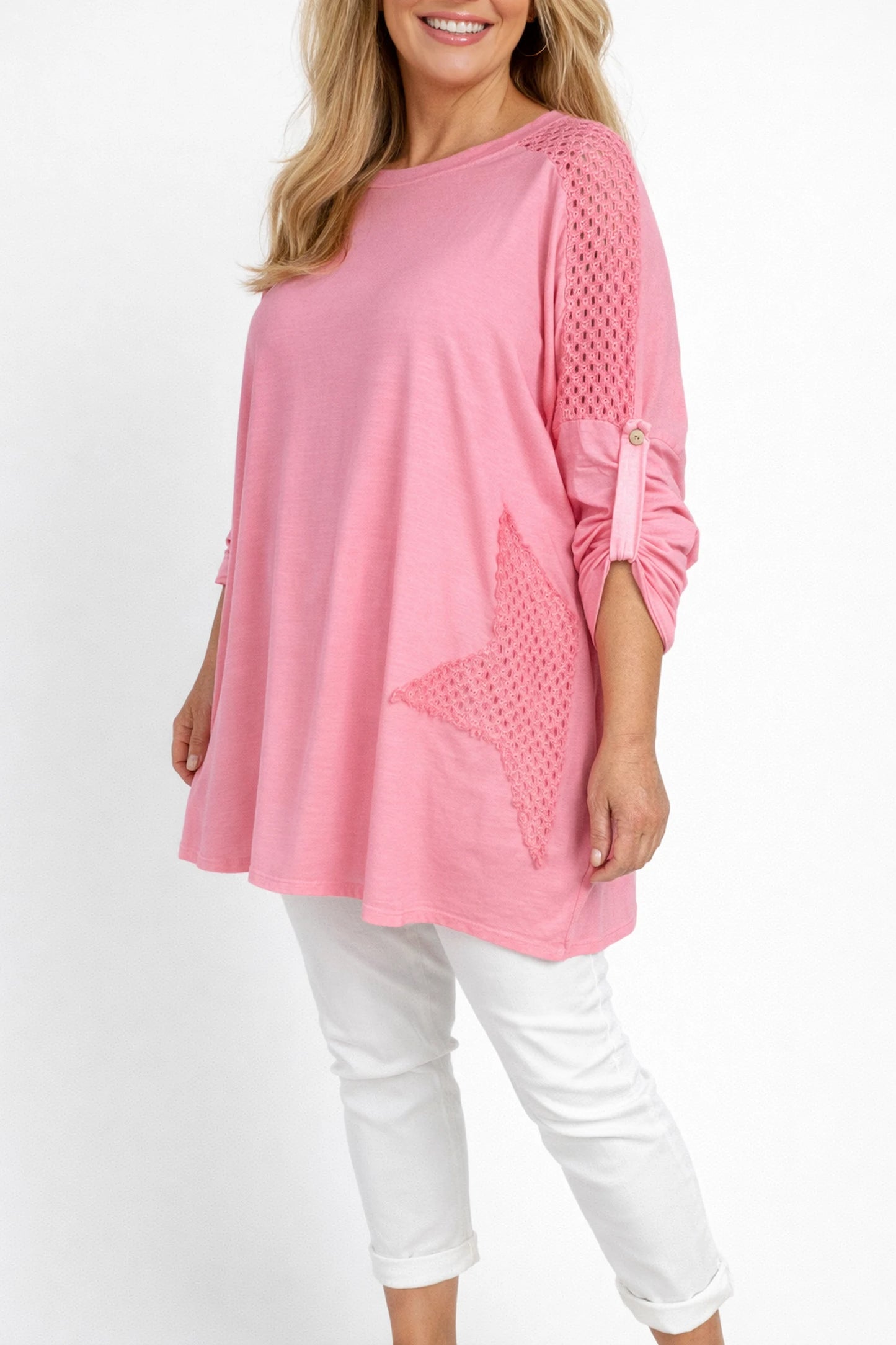 Cotton Crochet Detail Charmaine Button Sleeve Top - Coral Pink
