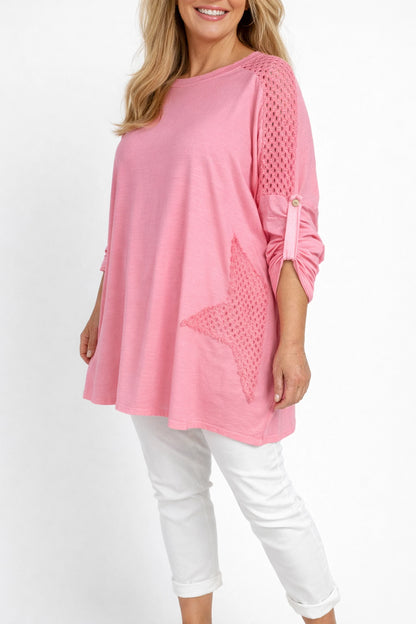 Cotton Crochet Detail Charmaine Button Sleeve Top - Coral Pink