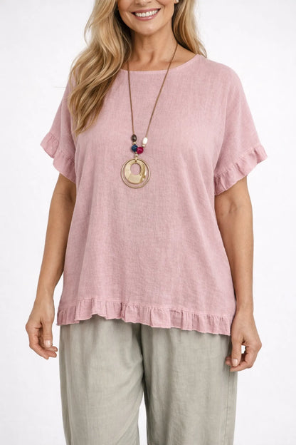 Linen Cotton Mix Frill Sleeve And Hem Iris Necklace Top - Washed Rosewood Pink