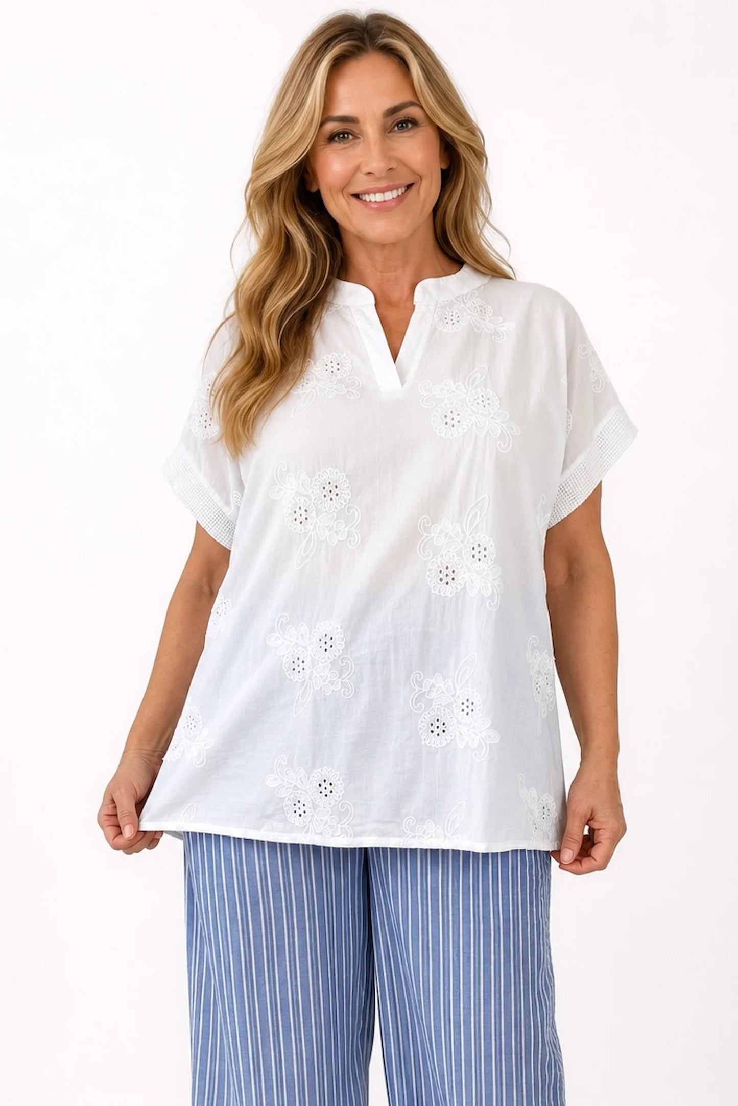 Pure Cotton Embroidered Floral Detail Mesh Sleeve/Back Lucia Shirt - White