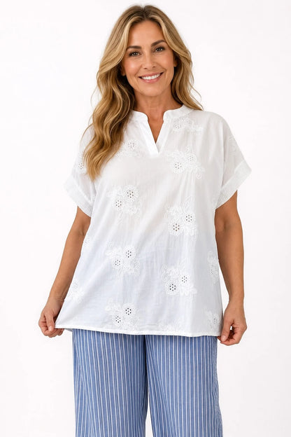 Pure Cotton Embroidered Floral Detail Mesh Sleeve/Back Lucia Shirt - White