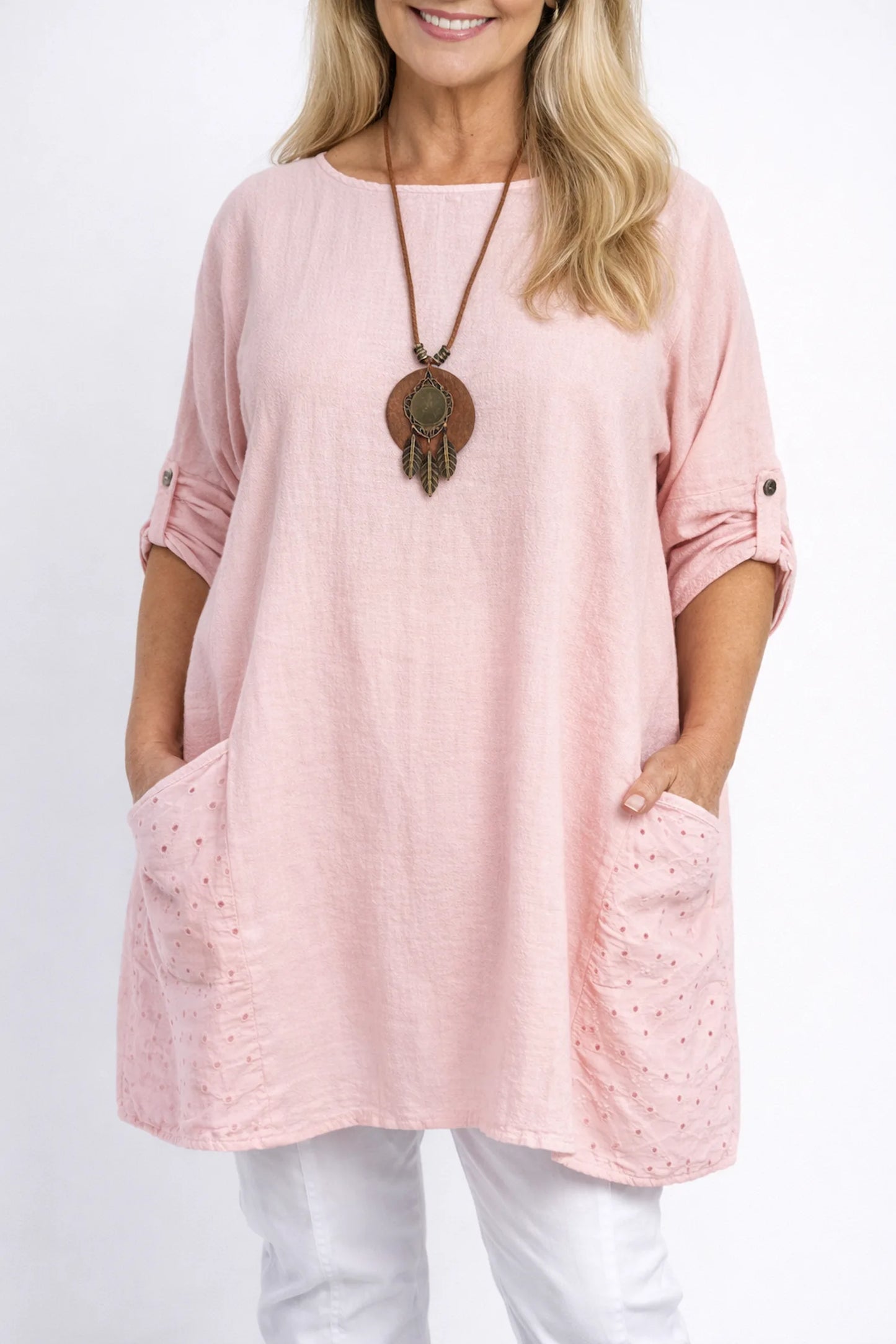 Cotton Crochet Detail Double Pocket Button Sleeve Cláudia Necklace Top - Baby Pink