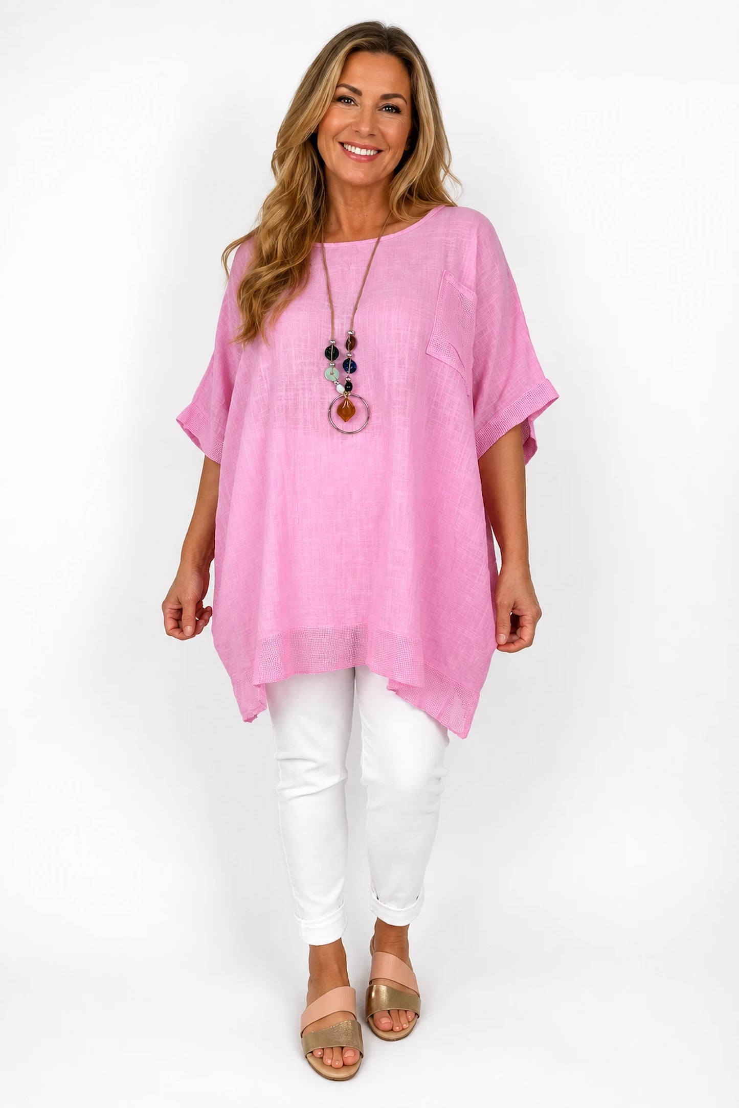 Pure Cotton Mesh Detail Pocketed Portofino Necklace Top - Baby Pink