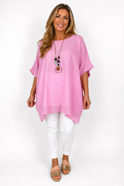 Pure Cotton Mesh Detail Pocketed Portofino Necklace Top - Baby Pink